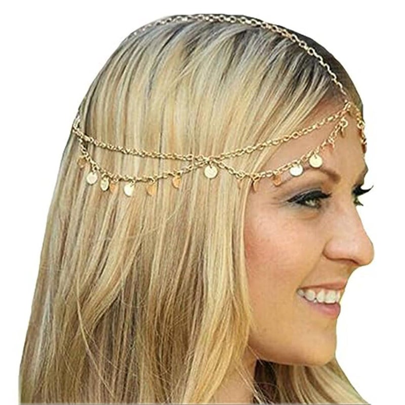 Aukmla Gold Sequins Head Chain Jewelry Festival Halloween Prom Costume Hair Accessories Fashion Headbands Headpieces for Women and Girls - Image 1